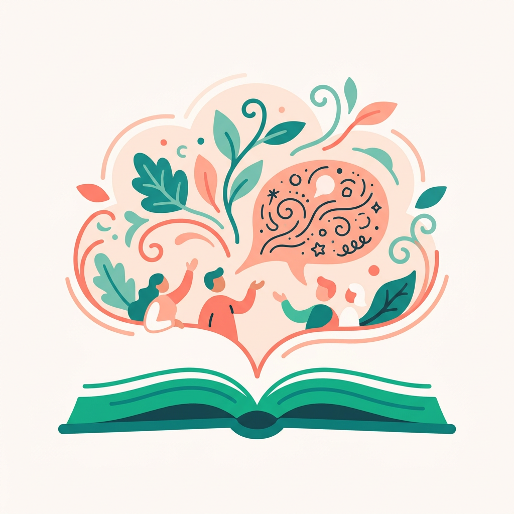 An open book blooming into a scene of people and a speech bubble