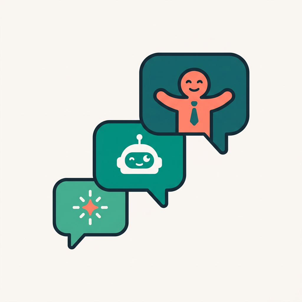 Three rising speech bubbles: AI spark, AI teacher, and a human teacher