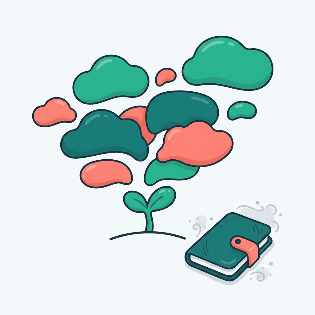 Words growing from a sprout while a rulebook sits closed and aside