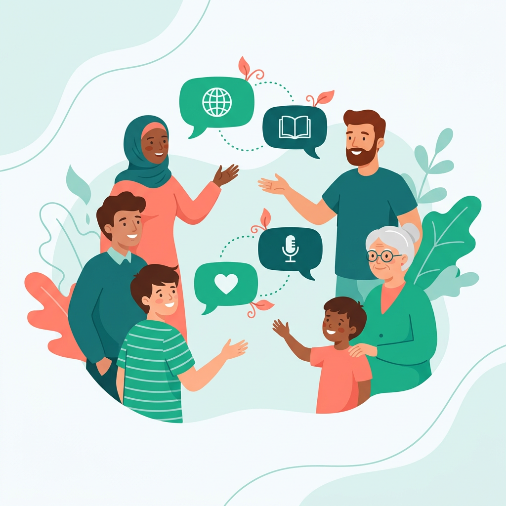 People of all backgrounds speaking together, words growing into conversations